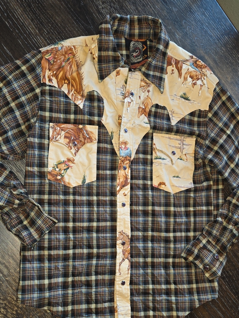 Men's Plaid Western Button-Down Shirt with Cowboy Print - Brown/Tan